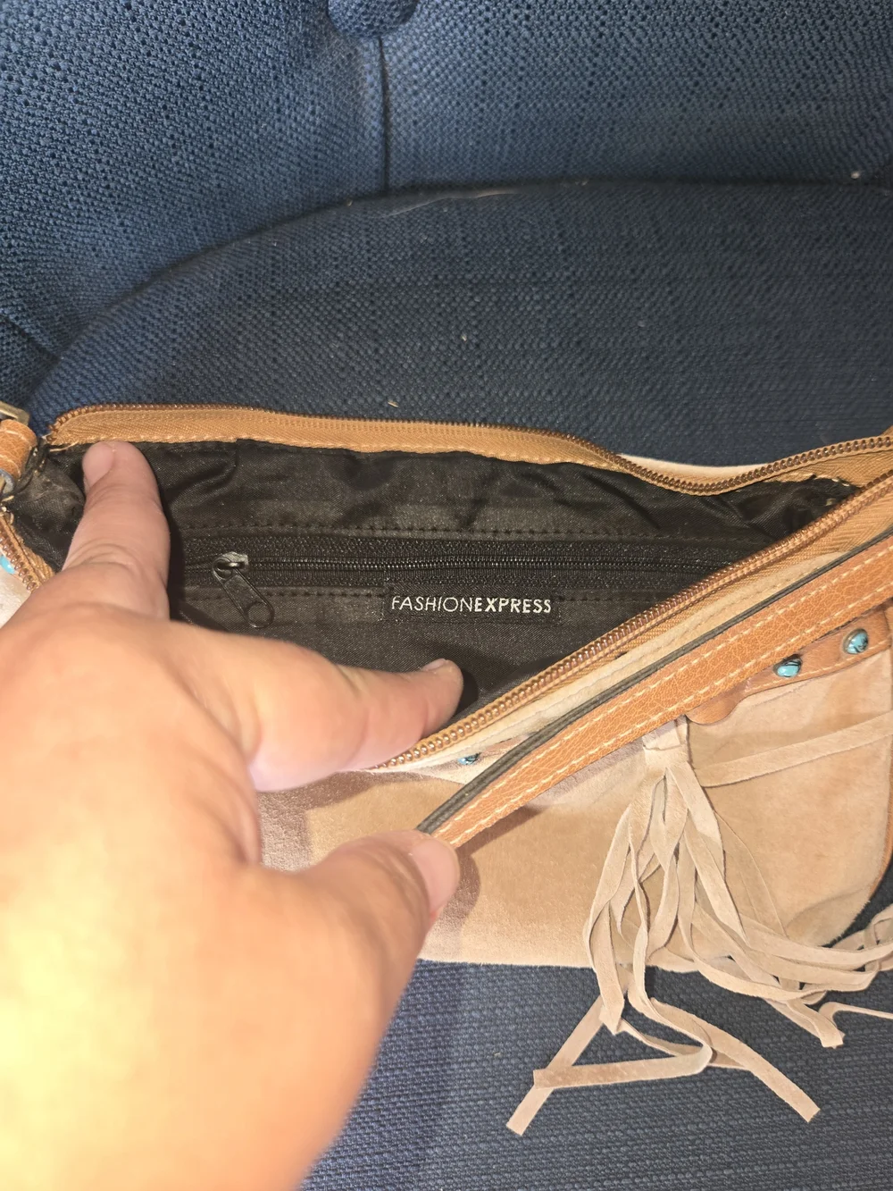 Vintage Fashion Express Tan Fringe Crossbody Bag with Turquoise Stud Accents